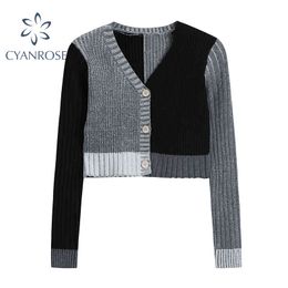 Irregular Patchwork Spliced Cardigan Crop Sweater Women Long Sleeve V Neck Streetwear Slim Knitwear Elegant Chic Knit Tops 210417