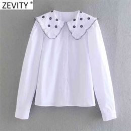 Women Sweet Peter Pan Collar Embroidery Casual White Blouse Female Long Sleeve Breasted Roupas Chic Chemise Tops LS9079 210420