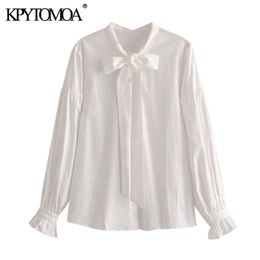 Women Fashion With Bow Tied Loose Soft Touch Blouses Long Sleeve Button-up Female Shirts Chic Tops 210420