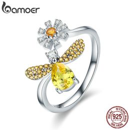 100% 925 Sterling Silver Fashion Bee with Daisy Flower Open Size Finger Ring for Women Party Jewellery SCR348 211217