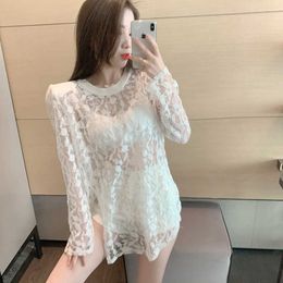 Stylish Women Lace Crochet Blouse Summer Sexy Mesh Tops Long Sleeve Shirt Casual Perspective Sun protection Blusas 210529