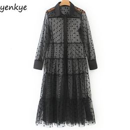 Fashion Women Polka Dot Tulle Semi-sheer Sexy Dress Female Turn-down Collar Long Sleeve A-line Summer Plus Size 210514