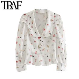 TRAF Women Fashion With Decorative Buttons Print Blouses Vintage Long Sleeve Ruffled Hem Female Shirts Chic Tops 210415