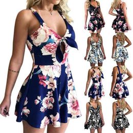 Sleeveless Backless Bohemian Beach Rompers Femaler Print Floral Overalls Casual Short Summe Jumpsuit Women Sexy Mini Playsuit 210507