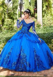 Uzun Kollu Kraliyet Mavi Quinceanera Elbiseler Sequins Ile Prenses Balo 2022 Seksi V Boyun Kabarık Tatlı 15 Yıl Resmi Balo Brithday Parti Elbise Lady