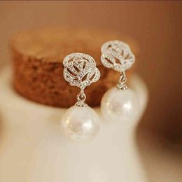 Luxury Rose Flower Pearl Ear Stud Earrings Rhinestone Eardrop for Women Wedding Party Jewellery Accesories