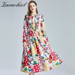 Spring Autumn Fashion Vacation Maxi Women Sleeve Bow Collar Lace Patchwork Floral Print Dots Pleated Long Dress 210416