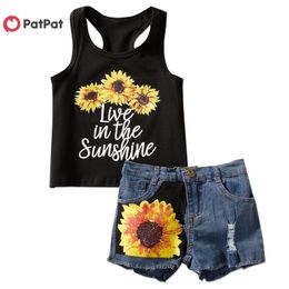 Summer 2-piece Baby / Toddler Girl Sunflower Print Top and Jeans Sets Elastic waist Soft cozy 210528