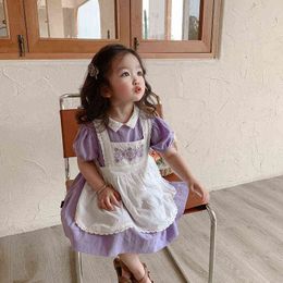 Girls Fashion Embroidery Short Sleeve Dresses Summer 2021 Kids Cotton Loose Little Princess Dress with Apron G1218