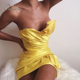 Summer Women Mini Party Off Shoulder Slash Neck Sexy Bodycon Yellow Short Dress 210415