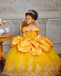 Princess Yellow Flower Girls Dresses Crystals Beads Golden Lace Appliques 2021 Little Girl Toddler Pageant Dress Long First Communion Gowns Brithday Party Wear