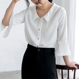 Chic Fairy Satin Flare Sleeves Fashion Shirt Gentle Thin All Match High Street Solid Brief Women Loose Shirts 210421