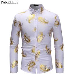Mens White Paisley Print Dress Shirts Slim Fit Long Sleeve Chemise Homme Casual Button Down Social Shirt Male Polk Dot Camisas 210522