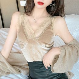 Korean Women Blouse Tops Lace Velvet Woman V-neck White Sleeveless Blouses Plus Size Ladies XXL 210604