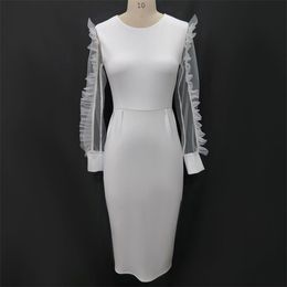 White Party Dress Sheer Tulle Long Sleeve Midi Calf Bodycon Round Neck Stretch Elegant Dinner Date Plus Size S XXL Robe 210527