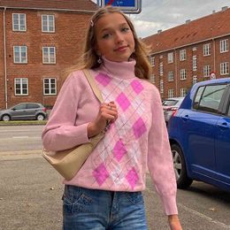 Argyle Geometric Knitted Sweet Pink Sweater Women Autumn Warm Turtleneck Long Sleeve Vintage Plaid Pullover Tops Jumpers 210415