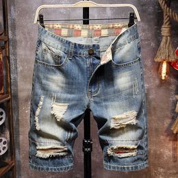 Men's Retro Style Ripped Denim Shorts Summer Street Fashion Slim Hole Short Jeans Male Brand Clothes 210714