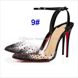 -Com box mulheres sapatos vermelhos inferior saltos altos plana PVC apontado toe spikes sandálias de couro cinta tornozelo 8cm 10cm 12cm
