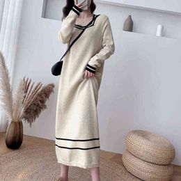 Vintage Square-neck knitted dress for fall winter women with a coat design over-the-knee long sweater dress women bottoming Y1204