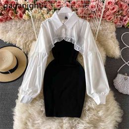 Elegant 2 Pieces Set Women Ruffles Puff Long Sleeve White Crop Shirt+Solid Black Spaghetti Strap Midi Dresses Suits 210601