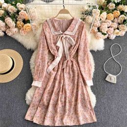 Women Spring Fashion Korean College Sweet Long Sleeve Floral Print A-line Dress Elegant Clothes Vintage Vestidos S125 210527