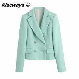 Klacwaya Za Women Fashion Textured Cropped Blazer Vintage Double Breasted With Pocket Stylish Notched Lapel Jacket Suit Sets X0721