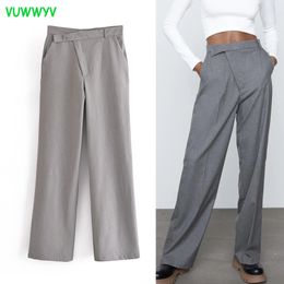 VUWWYV Grey Wide Leg Woman Pants Summer Fashion High Waist Sweatpants Women Retro Straight Asymmetric Trousers Female 210430