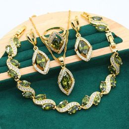 olive green jewelry sets UK - Earrings & Necklace Geometric Gold Color Jewelry Sets For Women Wedding Olive Green Zircon Bracelet Pendant Bride Ring