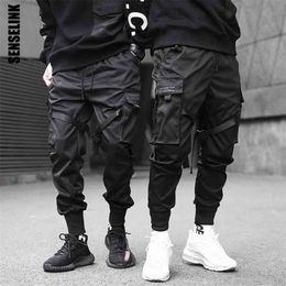 Homens Calças De Carga Preto Fitas Harem Jogos Casuais Algodão Streetwear Bolsos Hip Hop Pants Pants Harajuku Moda Calças 210714