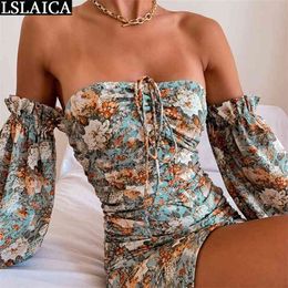 Fashion Floral Dress Drawstring Ruched Backless Off Shoulder Dresses for Women Party Skinny Sexy & Club Vestido De Mujer 210515