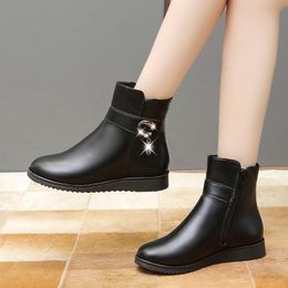 Boots Black Wedge Womens Winter Non-slip Warm Fur Ankle Women Leather For Mother Shoes Famale