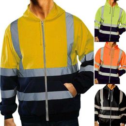 High Visibility Mens Jacket Zip Up Hoodie Security Work Sweatshirt Coats Outwear X0621