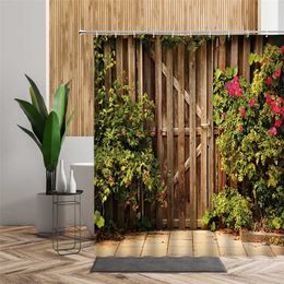Garden Shower Curtain Set For Bathroom Decor Flower Green Plant Wooden Fence Printing Bath Accessories Backdrop Fabric Curtains 211116