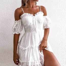 Dress Ladies Fashion Women's Summer Autumn Embroidered Hollow Lace Wrapped Strap One-Sleeve Pleated Lace Dress Vestido Gift 210527
