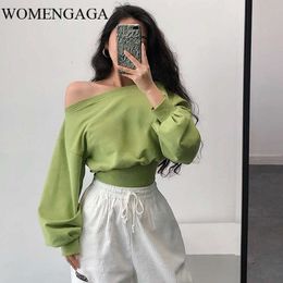 WOMENGAGA Sexy Off-shoulder Loose Slim High Waist Full Sleeve Puff Solid Colour Sweatshirt Irregular Top SAGU 210603