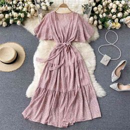 Vintage Dots Print Long Dress Women Short Sleeve Summer Midi Boho Beach Vacation Sweet Korean Chic Robe Femme 210519