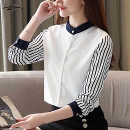 Autumn Stand Collar Shirt Women Office Lady Long-Sleeve Korean Striped Blouse Plus Size Chiffon Ladies Tops 10751 210508