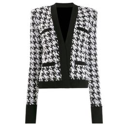 HIGH QUALITY Fashion Runway Designer Jacket Women's Open Stitch Houndstooth Outer Wear 211014