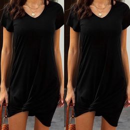 Women's Pure Colour V-Neck Short Sleeve Knotted Casual T-Shirt Dress Black X0521