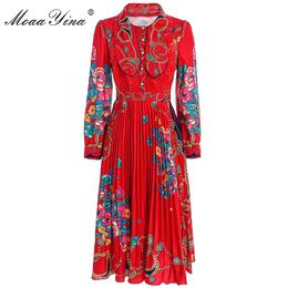 Fashion Designer dress Spring Autumn Women's Dress Long sleeve Vintage Floral-Print Lace Pleated Slim Dresses 210524