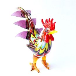 Christmas Decoration Gift For Kids Multicolor Hand Blown Murano Glass Rooster Figurine Ornament Artistic Chicken Small Sculpture 211108