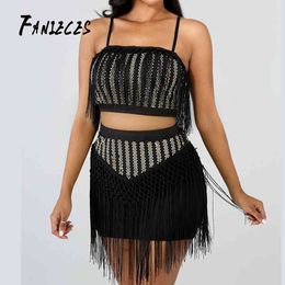 Tassel Strapless fashion Summer Women Sexy Club Two Pieces Set top and mini skirt Elegant Mini Party stage performa wear 210520