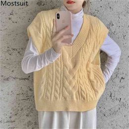 Twisted Knitted Korean V-neck Sweater Vest Women Sleeveless Fashion Loose Pullovers Tops Ladies Female Casual Femme 210513