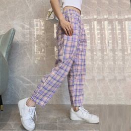 Green Plaid High Waist Pants Trousers Women Sweatpants Harajuku Joggers Elastic Waist Harem Pants 2021 Summer Korean Japanese Q0801