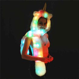 Plush Unicorn hat imitation leather straw hat Animal Hat Scarf Glove integrated luminous LED lamp 211207