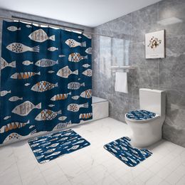Painted Bathroom Floor Mat Shower Curtain 4-Piece Set Fish Flock Polyester Factory price expert design Quality Latest Style Original Status