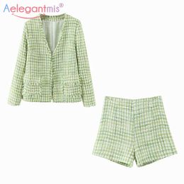 Aelegantmis Korean Plaid Tweed Green Two Piece Sets Women Vintage V Neck Cardigan Shorts 2 Female Elegant Pants Suits Chic 210607
