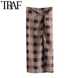 TRAF Women Fashion With Knot Side Vent Checked Midi Skirt Vintage High Waist Back Zipper Female Skirts Mujer 210415