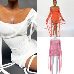 Sibybo See Through Sexy Mesh Dress Summer Women Long Sleeve Bandage Bodycon Sundresses Femme Hot Party Short Dresses Vestidos X0629