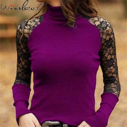 Spring Tshirt Women Girls Lace Embroidery Patchwork Tops Pullover Mock Neck Long Sleeve Slim Stretchy Multi Colors T0N913A 210421